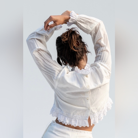 TheSilk Co Sasha Long Sleeve Crop Blouse size small white Cotton - Picture 3 of 7